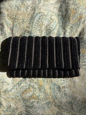 From St Xavier Beaded Striped Evening Clutch Handbag Chain Strap Black Silver